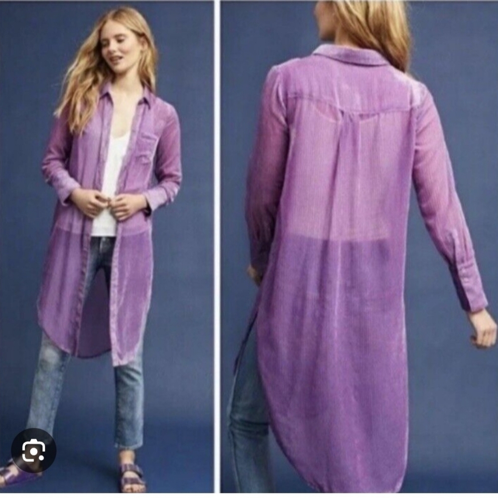 Akemi + Kin Anthropologie Lilac Burnout Velvet Long Duster Shirt